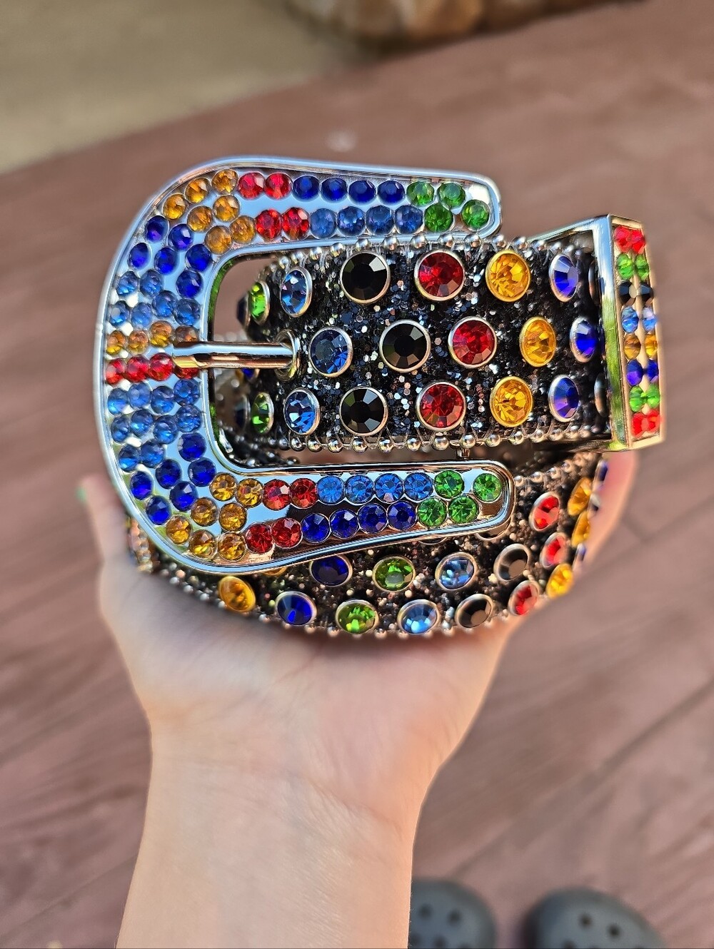 Black Glitter Belt Multi Color Cross Westerb Rhinestone Rodeo Fair Belt Small